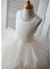 Champagne Lace Ruffled Tulle Cross Back Flower Girl Dress